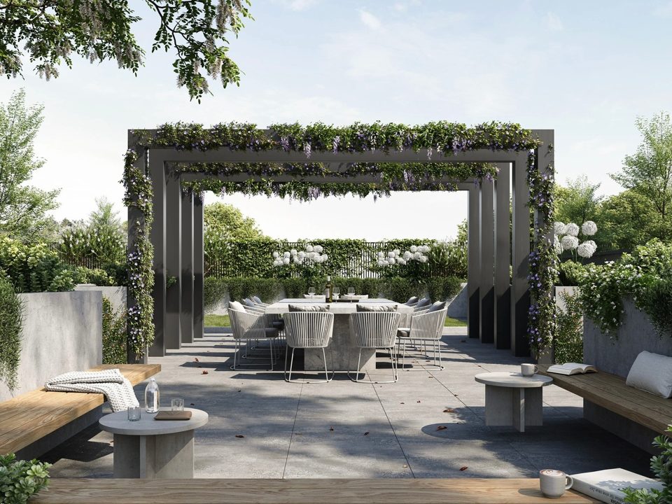 Concept render of a rooftop terrace with vine-covered pergola and dining