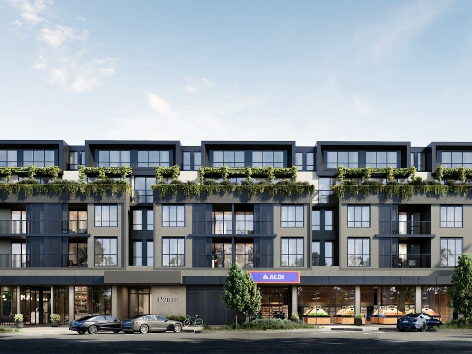 Concept render of the apartment street elevation with planted balconies