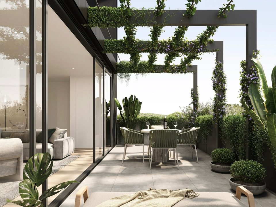 Concept render of the pergola terrace seen from an apartment interior