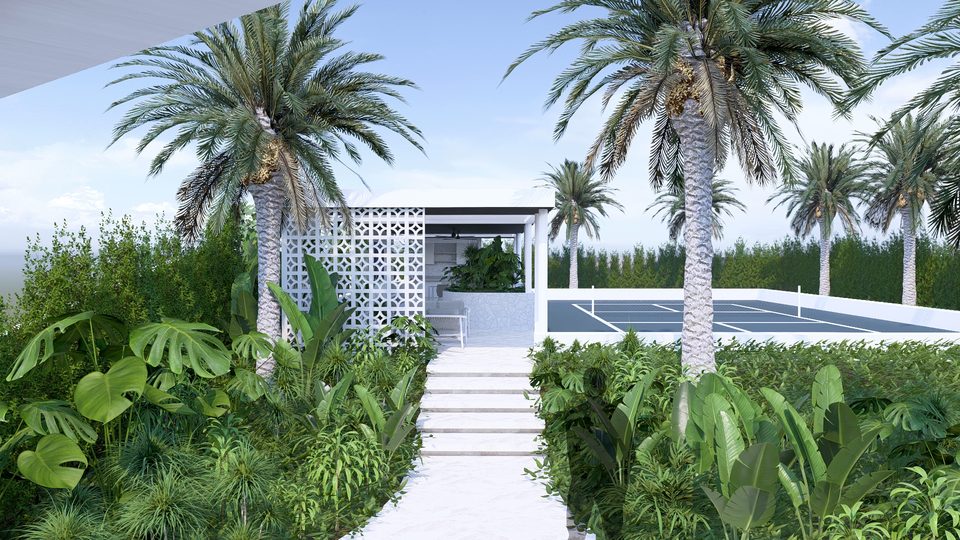 Render of the pool pavilion among palms, breeze-block screen and steps
