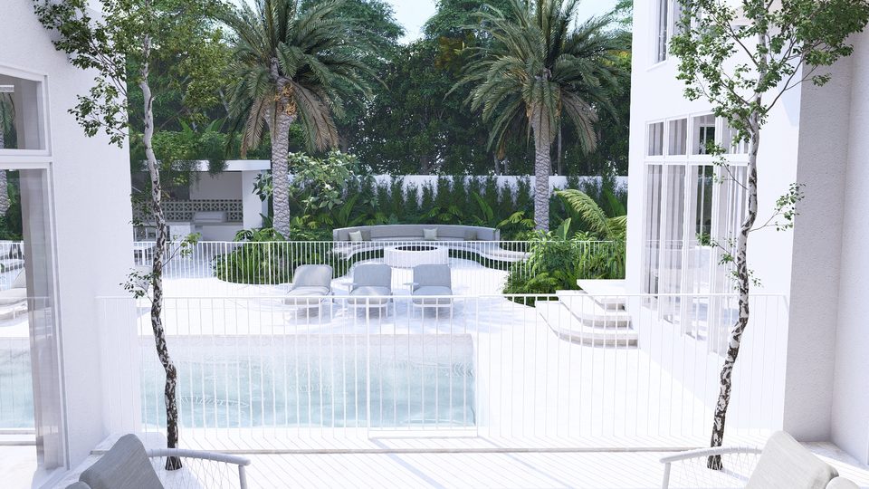 Render of the pool, raised spa and sun deck with palms and the outdoor lounge beyond