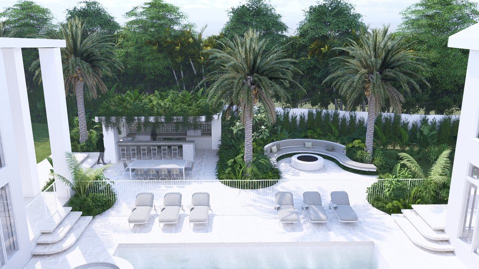 Render of a curved bench around a fire pit, with sun lounges and the dining pergola beyond