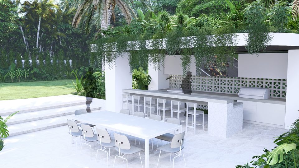 Render of an outdoor kitchen and long dining table beneath a louvred pergola