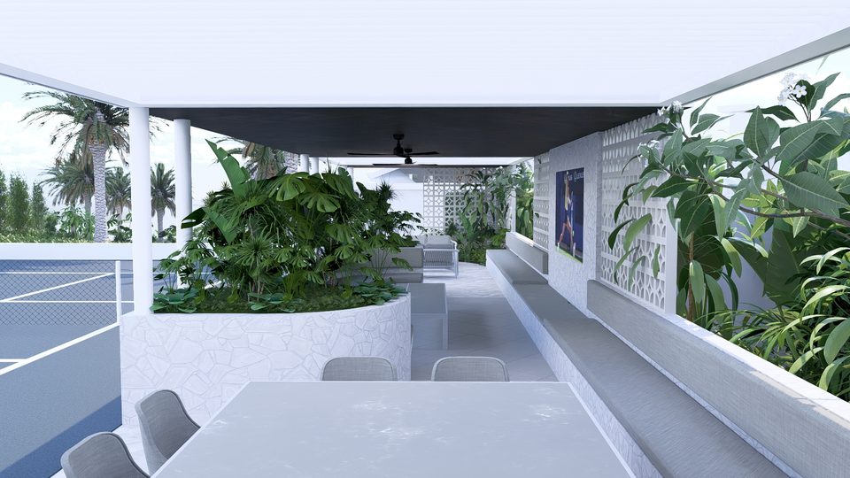 Render of the sports court with its viewing pavilion and breeze-block screens