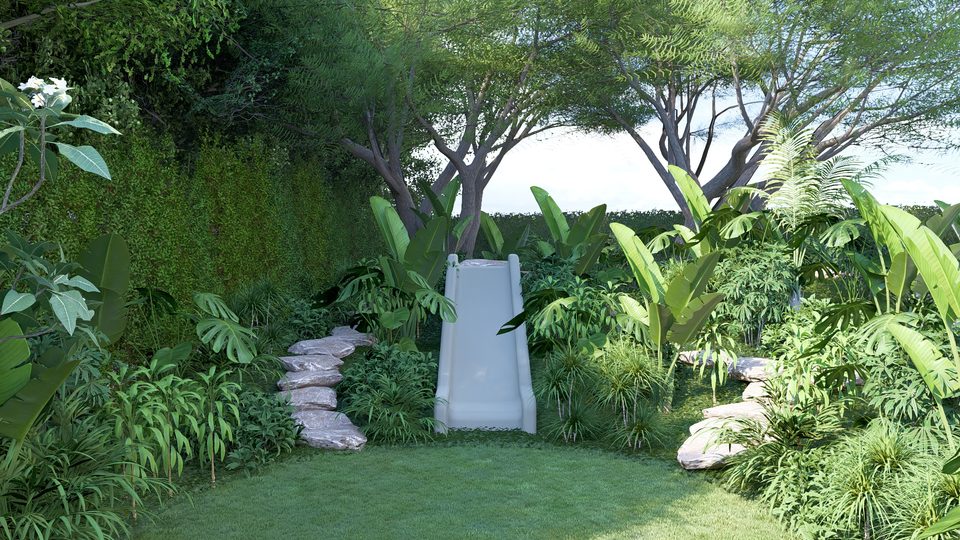 Render of a play lawn with a slide winding through tropical planting