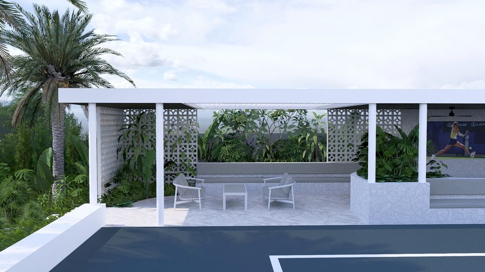 Render of the court pavilion with bench seating and screen behind the sports court