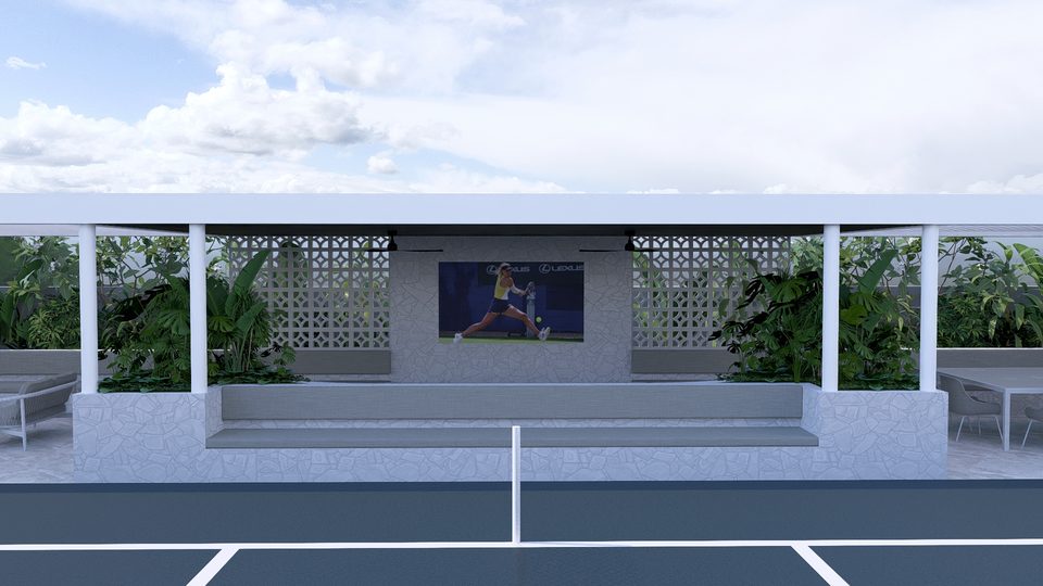 Render of the pavilion bench and outdoor screen at the court edge
