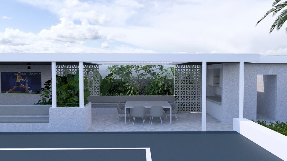 Render of the pavilion and dining tables beside the sports court