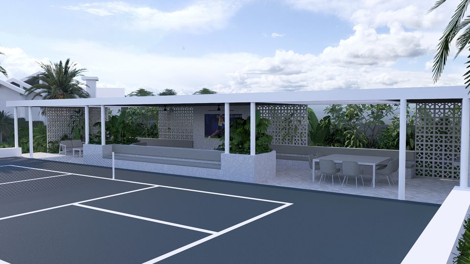 Render of the sports court from the corner beneath palms