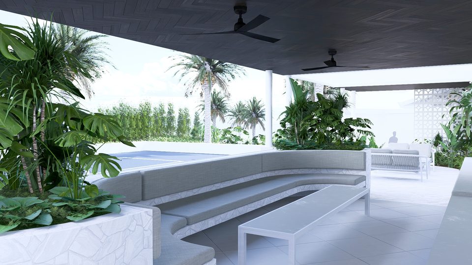 Render of the sports court with the pavilion lounge along its edge