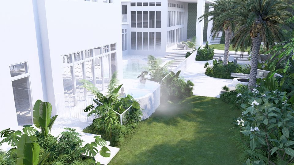 Render of rock steps beneath a spreading canopy in tropical planting