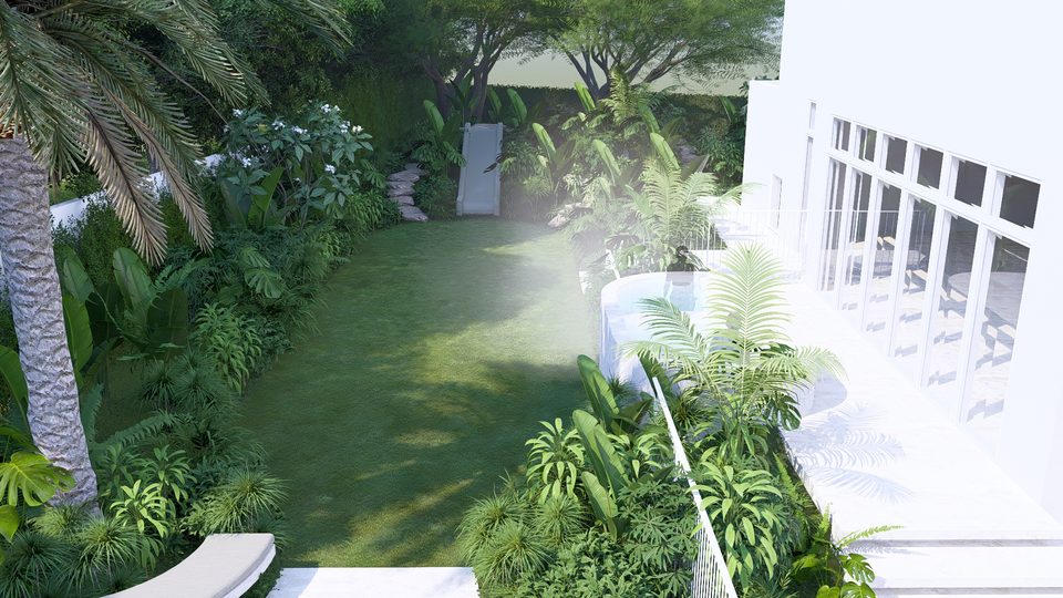Render of the garden from above — lawn, spillway spa and layered planting