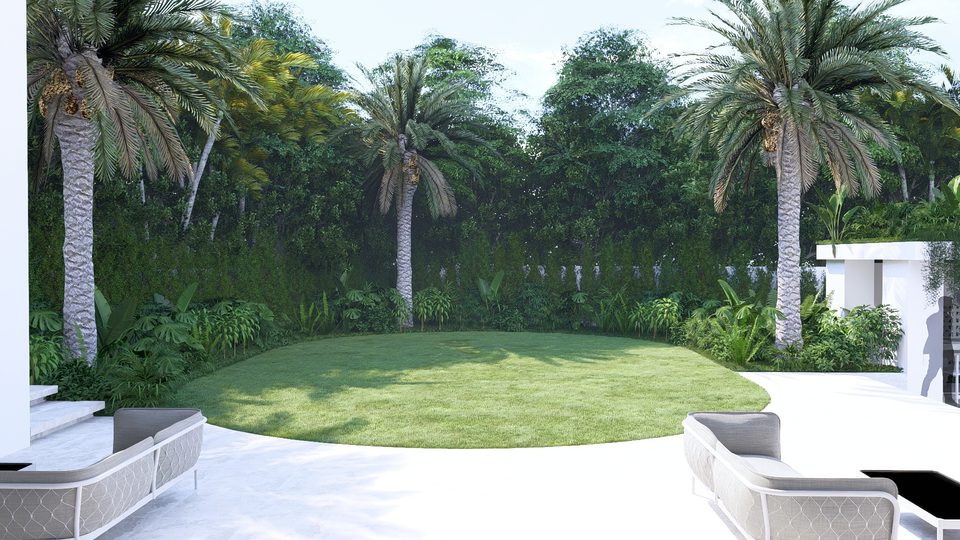 Render of the circular lawn ringed by palms and lounge seating
