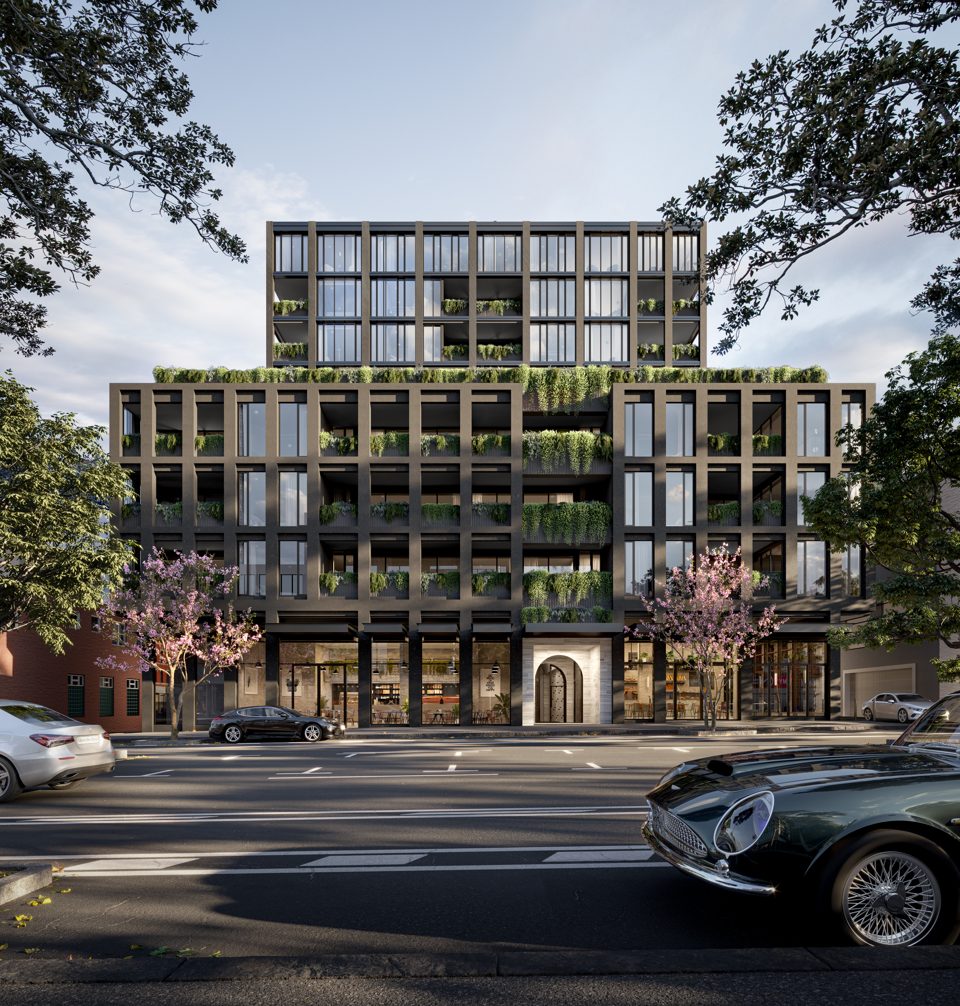 Concept render of the building street frontage with blossom tree and planted facade