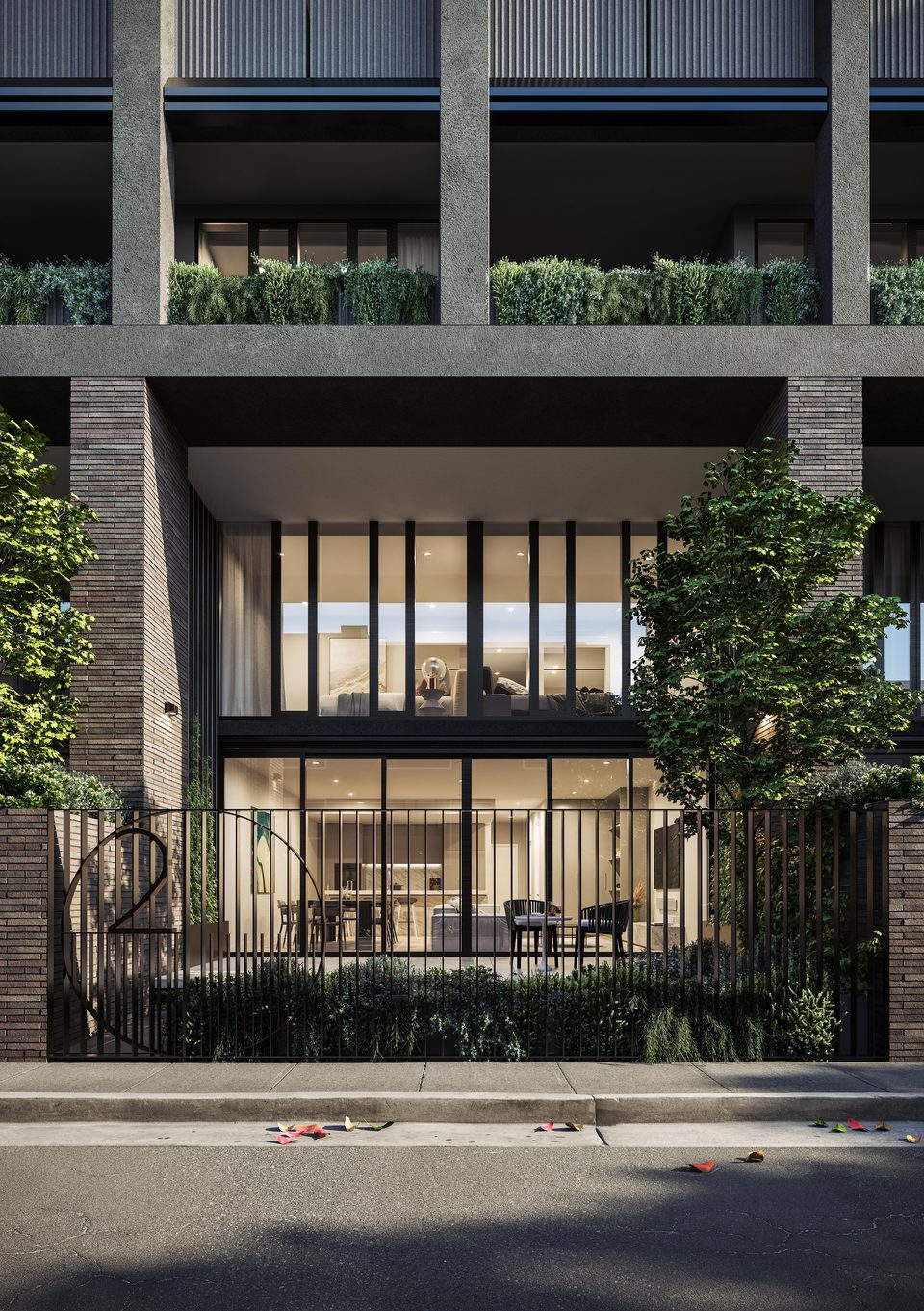 Concept render of a laneway townhouse frontage at dusk, double-height glazing behind a steel picket fence and garden