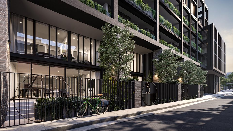 Concept render of the townhouse laneway, numbered gates and street trees below planted balconies
