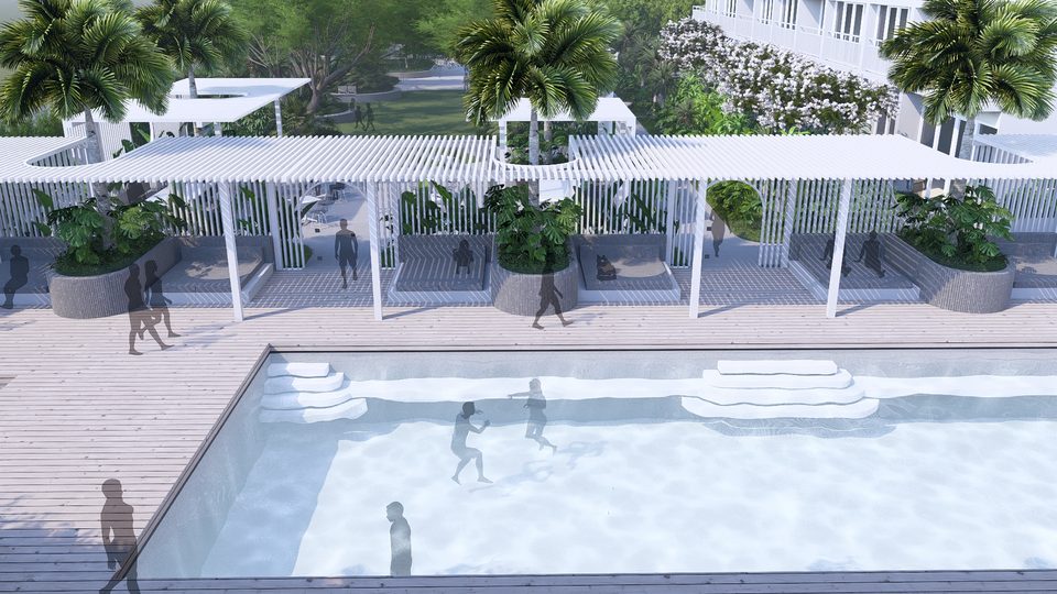 Render of the communal pool with white pergola arches and timber deck