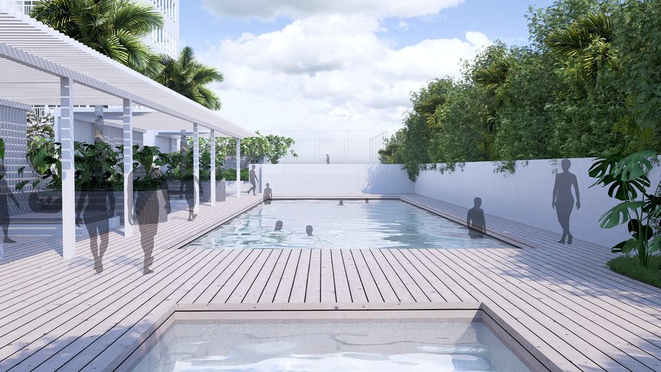 Render across the pool and timber deck framed by white pergolas