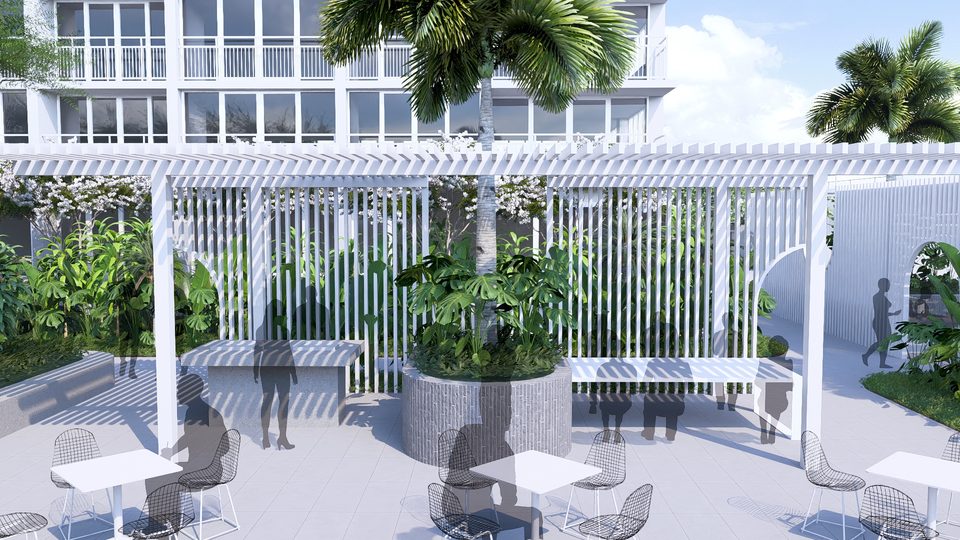 Render of communal dining tables beneath a white trellis pergola with tropical planters