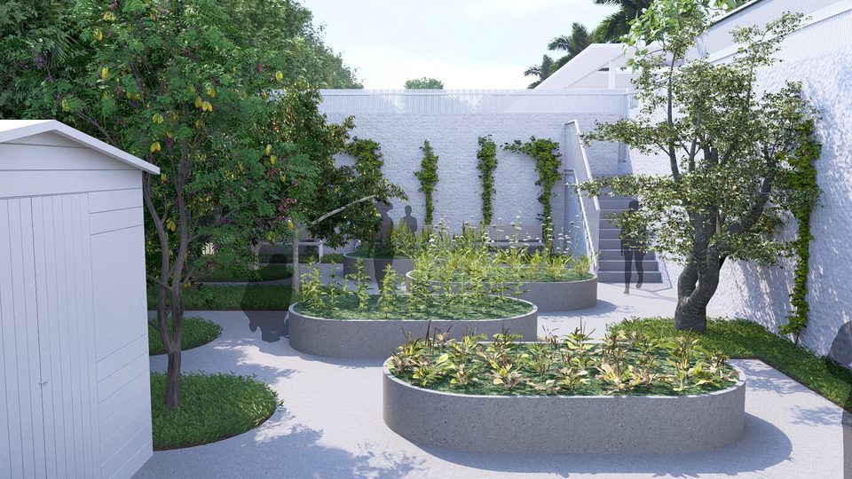 Render of raised planters, fruit trees and a potting shed in the kitchen garden