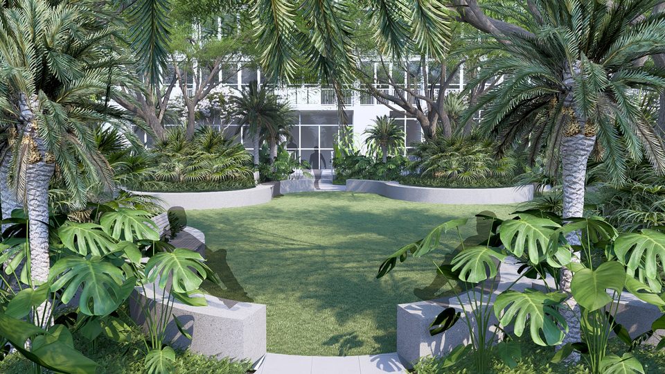 Render of a sunken lawn wrapped in palms and monstera understorey
