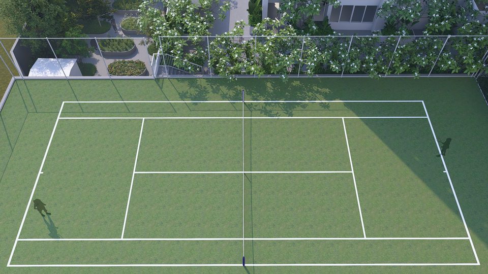 Render of the tennis court enclosed by hedges