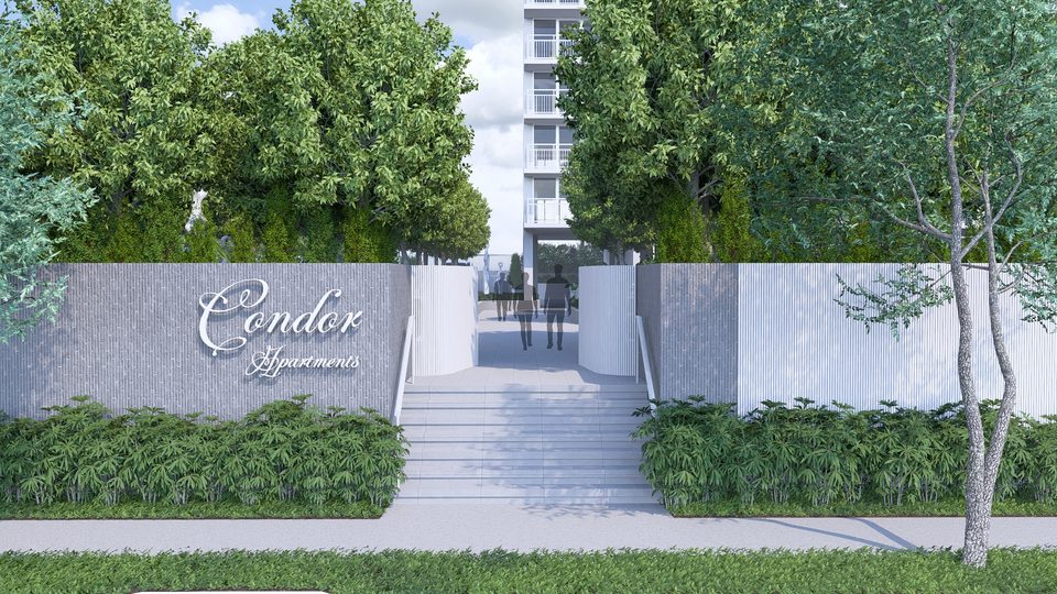 Render of the Condor Apartments entry — script signage on the stone wall, steps rising between tree bosques