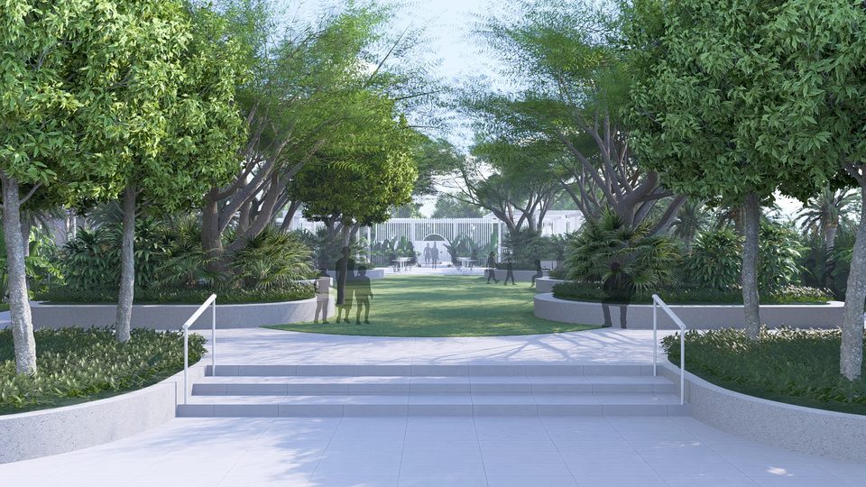 Render of broad steps rising to the communal lawn between clipped trees