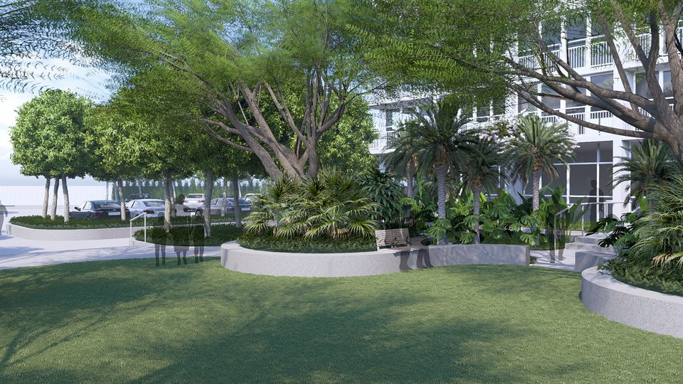 Render of a curved planter bench beneath a spreading tree beside the lawn