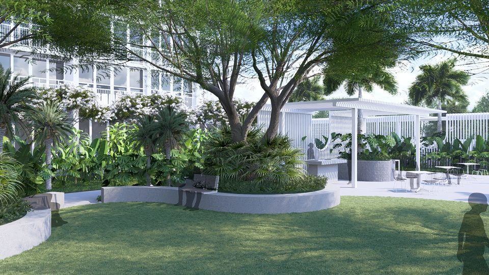 Render across the lawn to the white pergola terraces