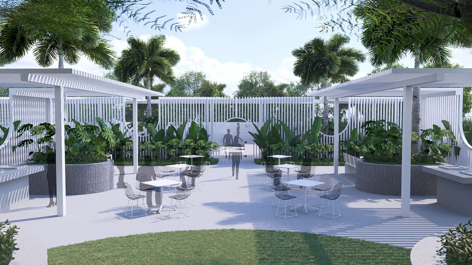 Render of café tables on the terrace beneath the white pergola