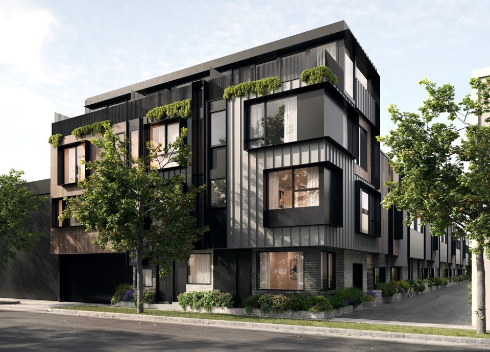 Concept render of a dark-clad townhouse row with planted balconies and street trees