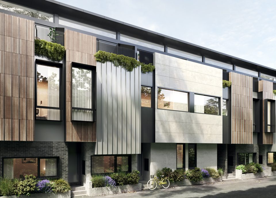 Concept render of townhouse facades with window-box planting