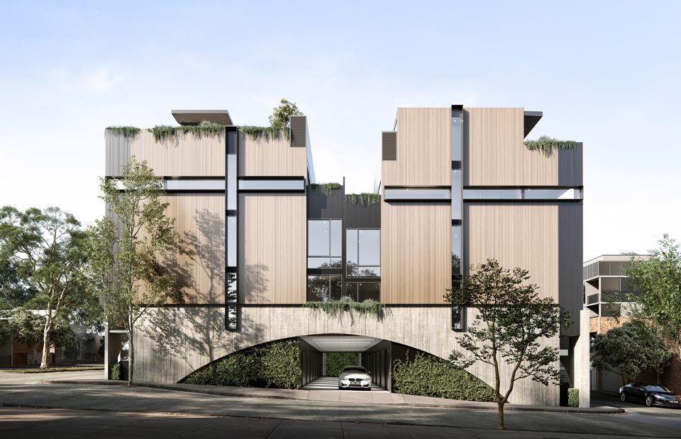 Concept render of townhouses with timber facades, arched base and rooftop planting