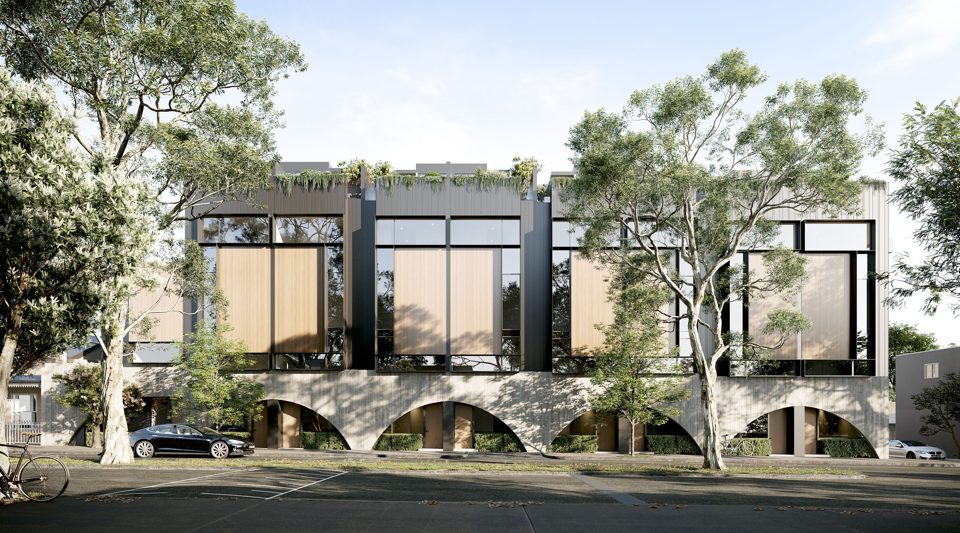 Concept render of the townhouse row beneath street eucalypts
