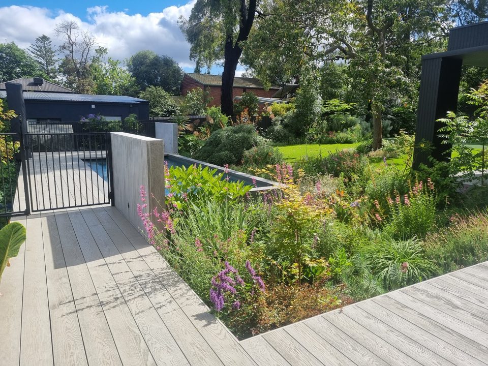 Spotted-gum boardwalk and gate with flowering borders and lawn beyond