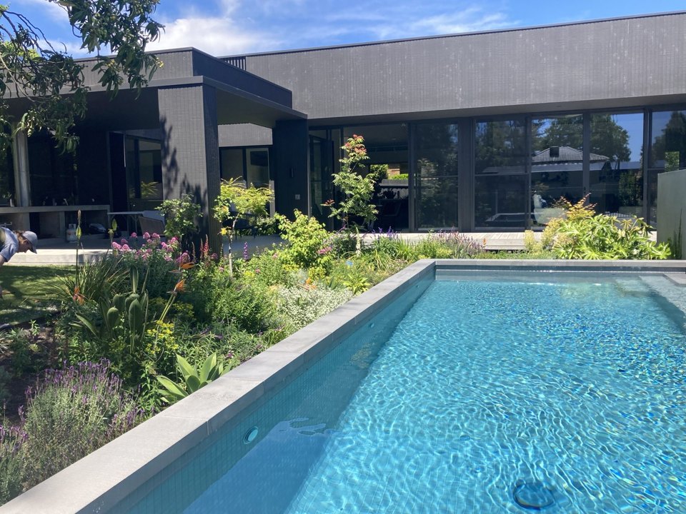 Lap pool beside the house with garden borders